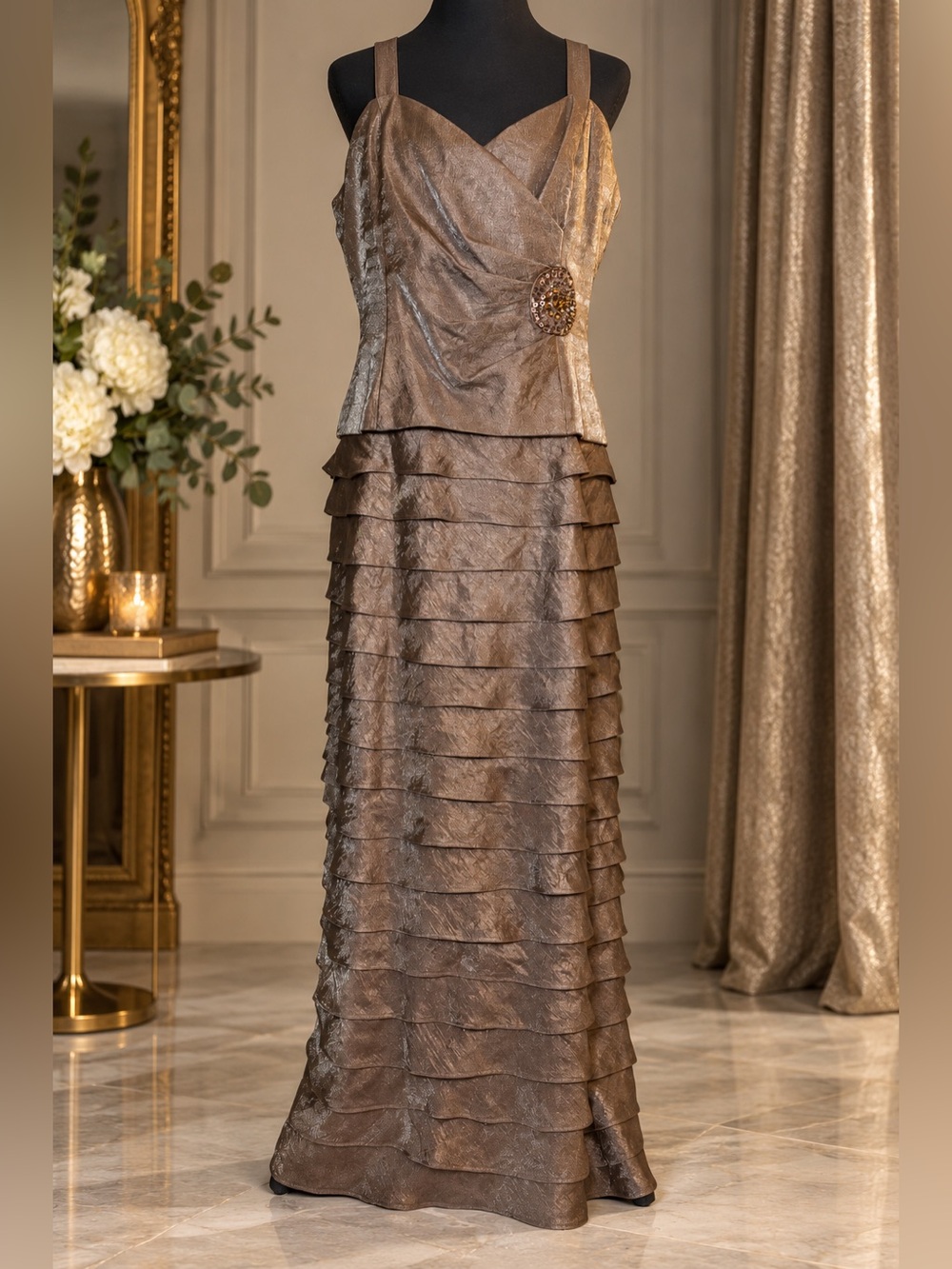 Jessica Howard 14P Metallic Bronze Tiered Gown Jacket Mother of Bride 2PC